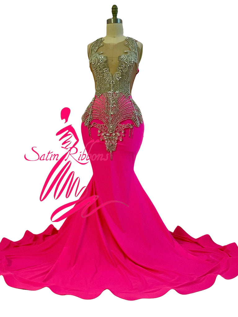 Designer Electric Pink & Silver Rhinestone Custom Gown