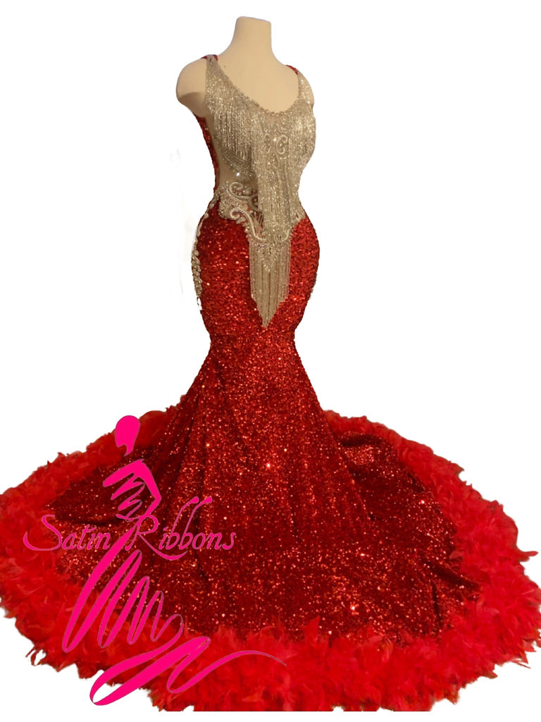 Red Reigns Rhinestone Feathered Trim Custom Gown
