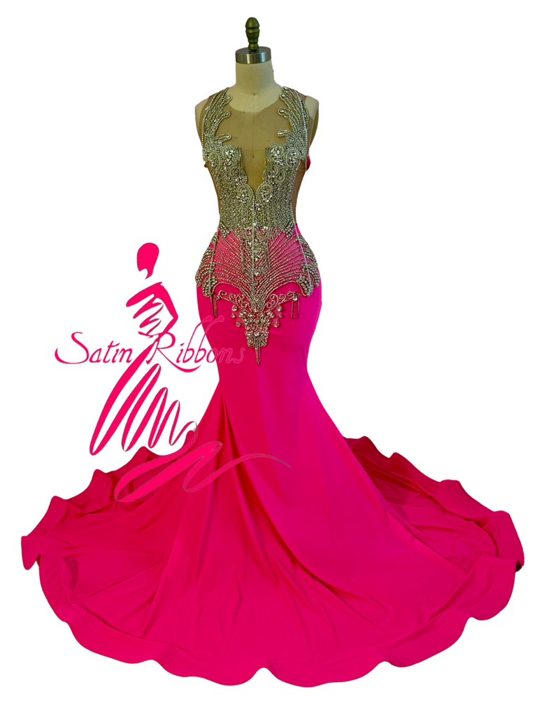 Designer Electric Pink & Silver Rhinestone Custom Gown