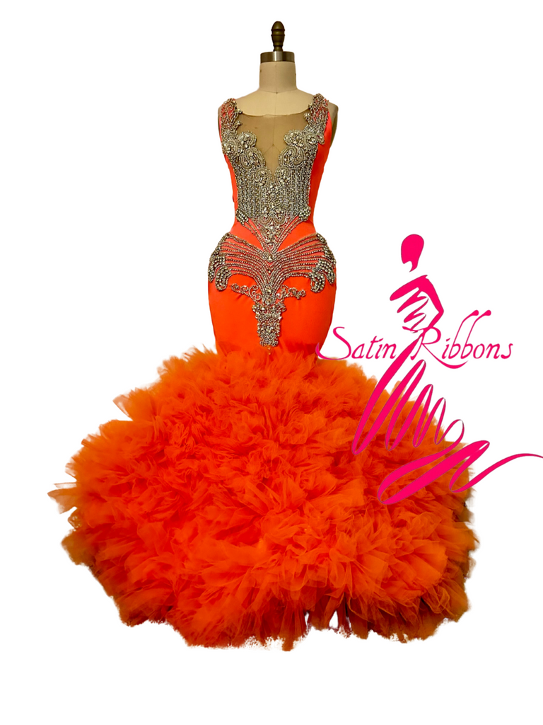 Orange Dream Rhinestone Tulle Custom Gown