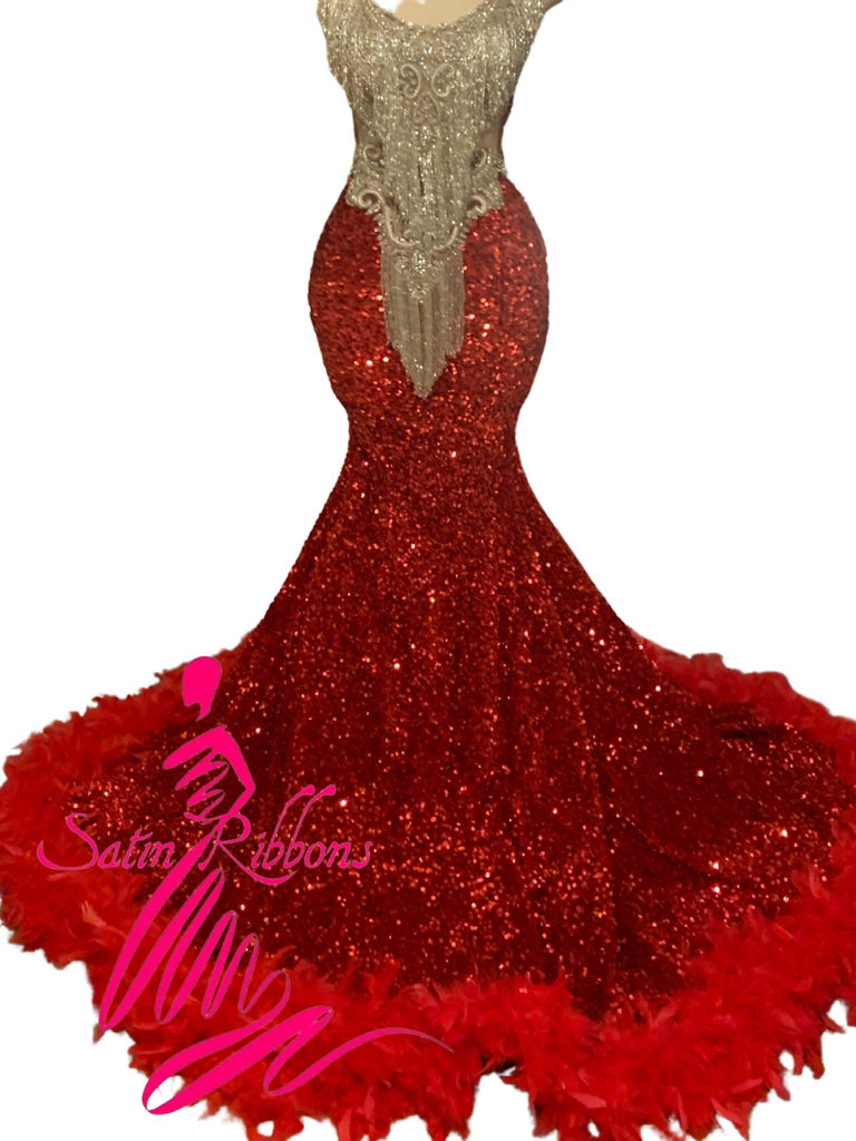 Red Reigns Rhinestone Feathered Trim Custom Gown