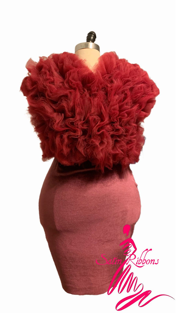 Designer Tulle Puffed Sleeveless Velvet Fitted Dress