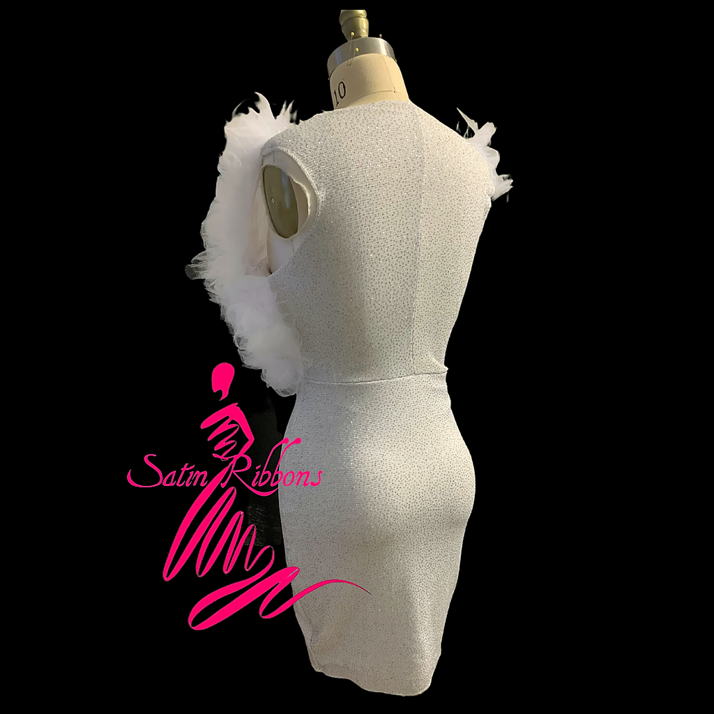 Designer Tulle Puffed V Neck Sleeveless Top Silver Glitter Fitted Dress