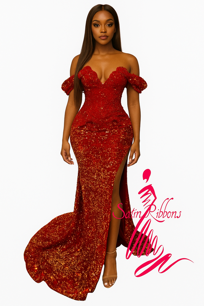 Blood Red Rhinestone Fall Sleeve With Slit Custom Gown