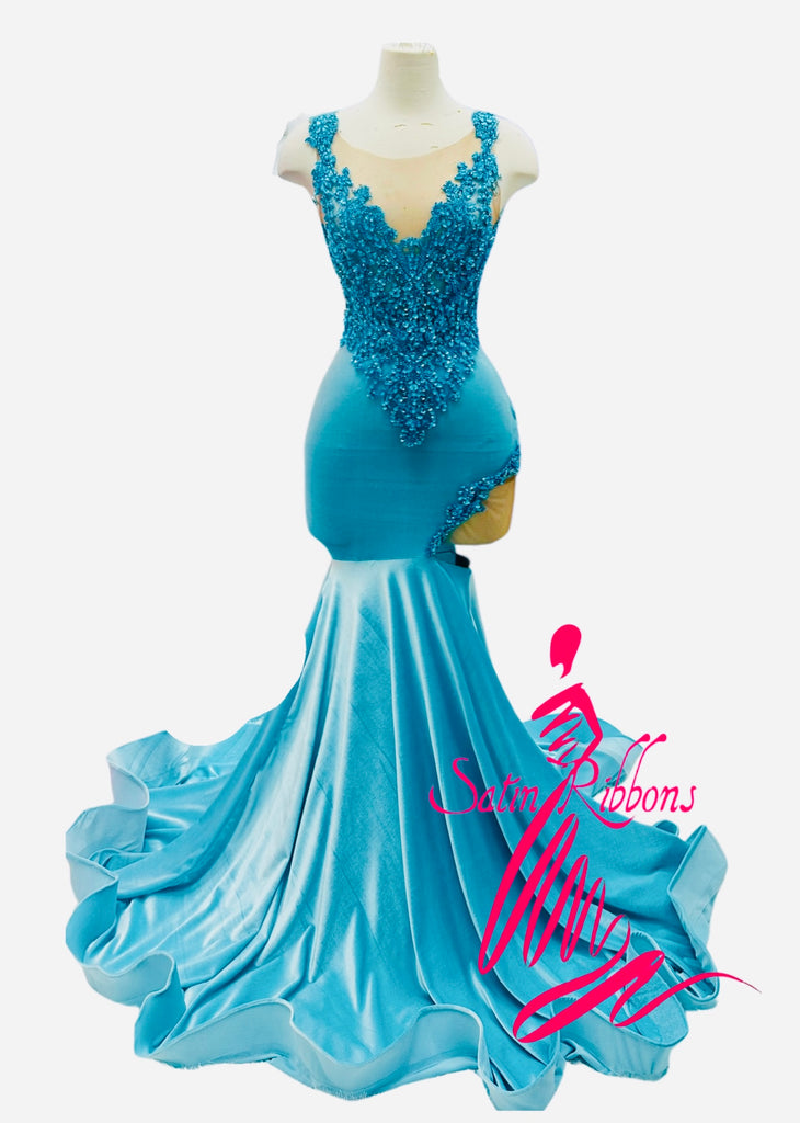 Designer Tiffany Blue & Rhinestone Custom Gown