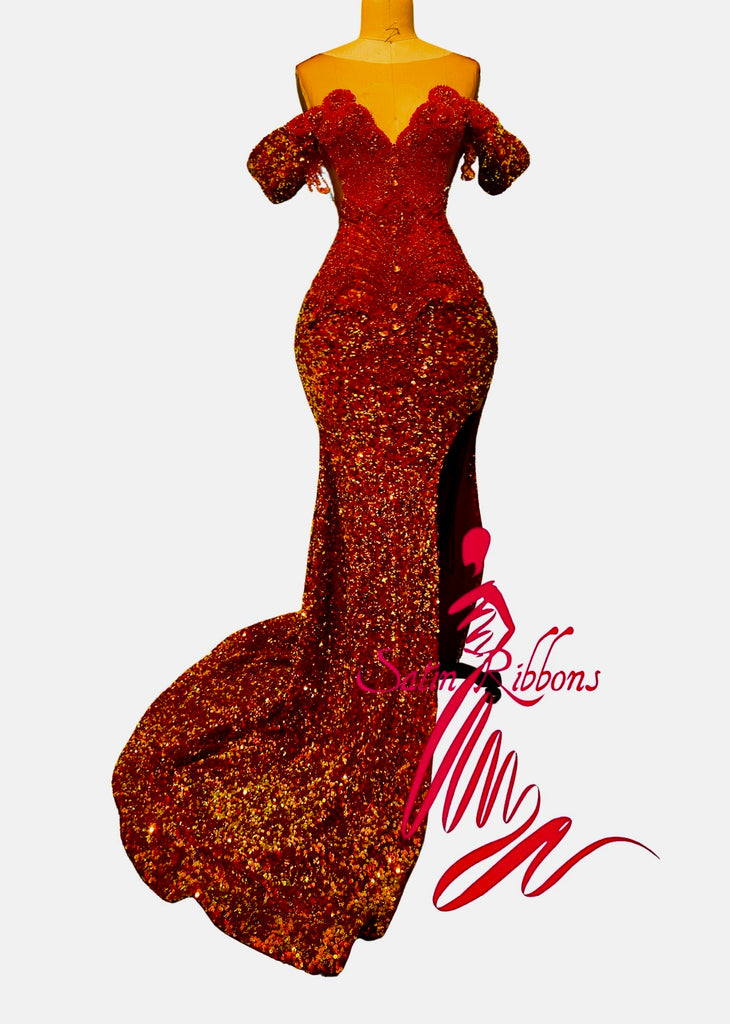 Blood Red Rhinestone Fall Sleeve With Slit Custom Gown